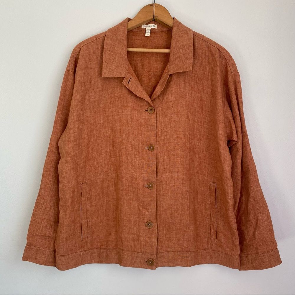 Eileen Fisher Women's Medium Organic Linen Jacket Button Up Cinnamon Orange Rust